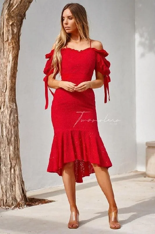 Parker Dress - Red Ruffled midi dresses