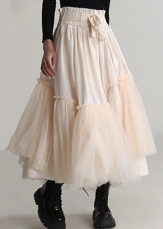 Elegant Apricot Ruffled Lace Up Tulle Skirts Spring Striped unclassified skirts