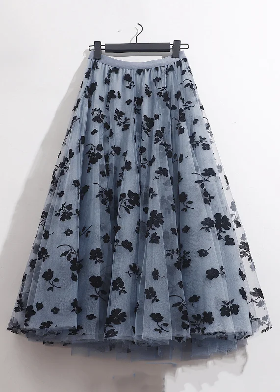 French Blue Floral Elastic Waist Tulle Skirts Summer Lace unclassified skirts