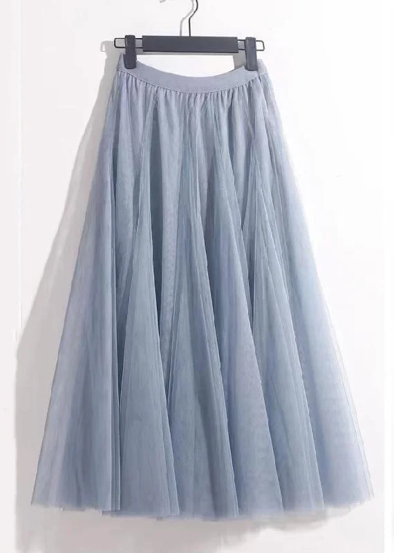 French Haze Blue Elastic Waist Tulle Pleated Skirt Summer Boho unclassified skirts