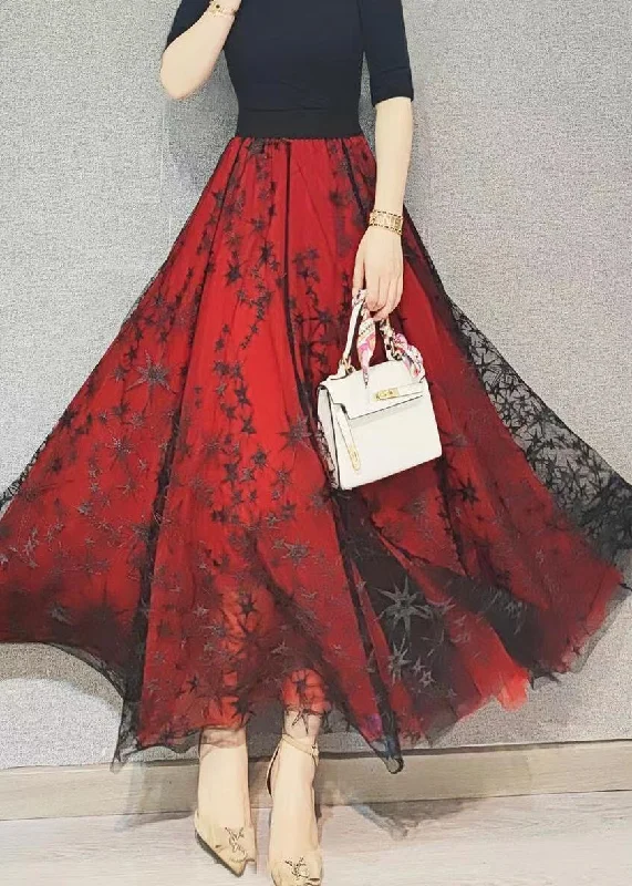 Loose Red Wrinkled Embroideried Exra Large Hem Tulle Skirt Spring Soft fabric unclassified skirts