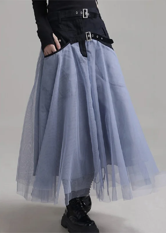 New Blue Pockets Elastic Waist Patchwork Tulle Skirt Summer Wedding guest unclassified skirts