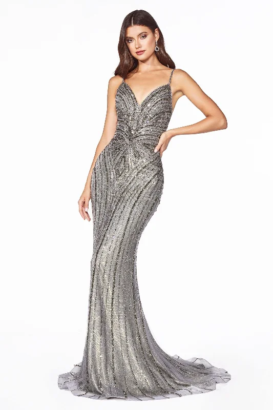 Cinderella Divine KC898 Long Formal Fitted Metallic V-Neck Prom Dress ASOS maxi dresses