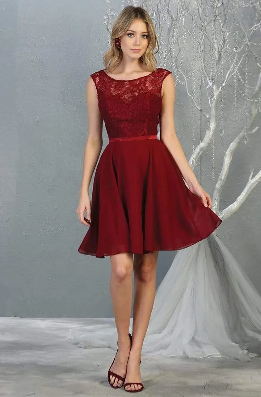 May Queen - MQ1814 Lace Chiffon Cocktail Dress with Lace-up Back Velvet party dresses