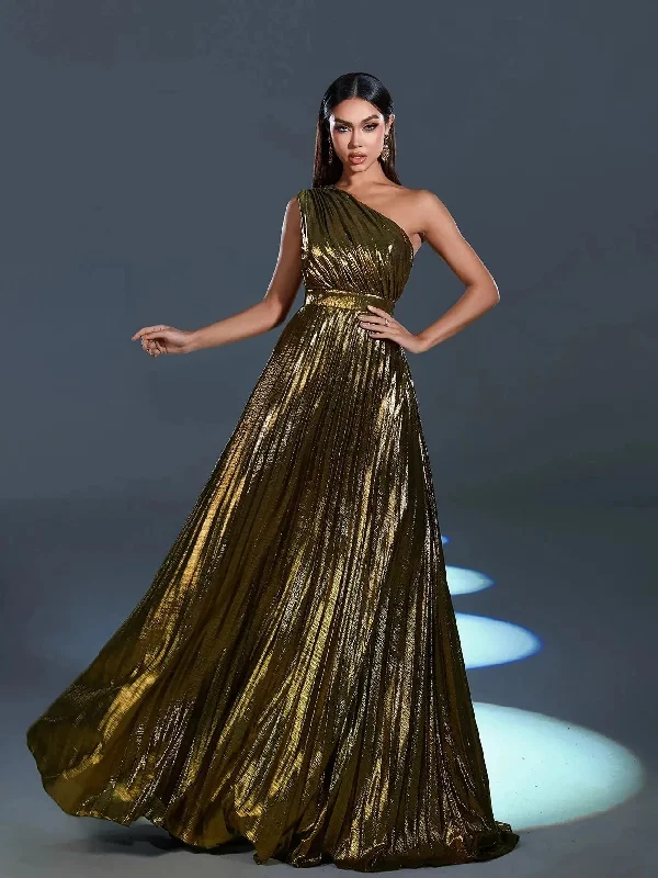 Metallic One Shoulder Sleeveless Pleated Evening Dress Boho party dresses