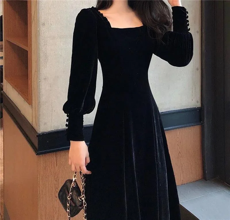 Autumn and Winter Gold Velvet Women Dress French Retro Square Collar Waist Office Casual chic unclassified dresses