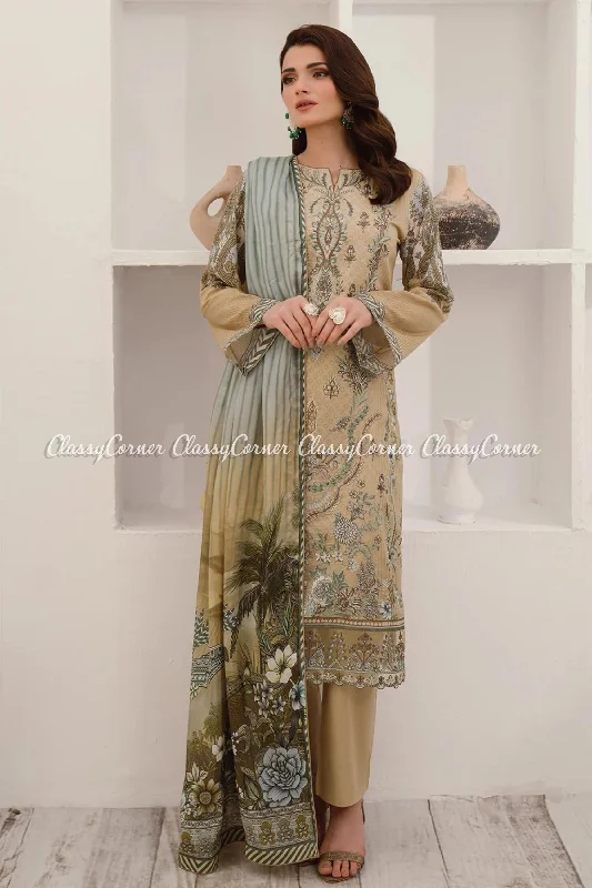 Beige Blue Lawn Suit Floral unclassified dresses