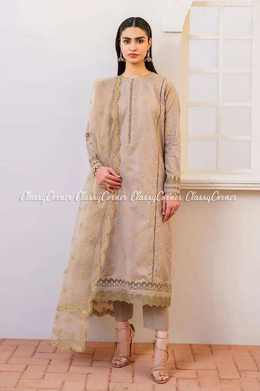 Beige Pakistani Jacquard Lawn Suit Monochrome unclassified dresses