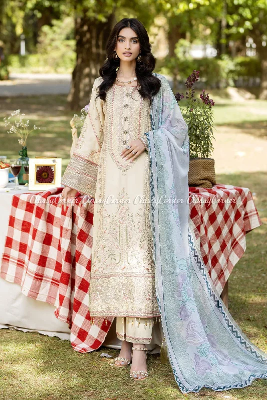 Beige Pakistani Lawn 3pc Suit Y2K unclassified dresses