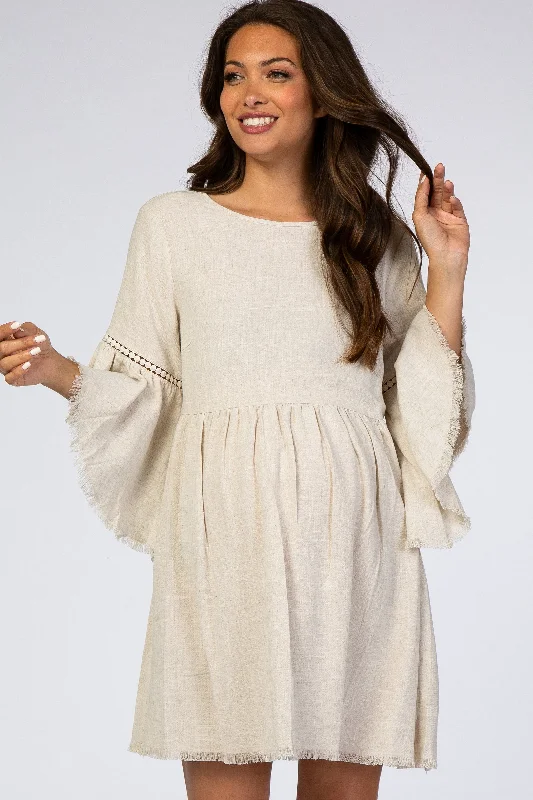 Beige Raw Edge Bell Sleeve Babydoll Maternity Dress Soft fabric unclassified dresses