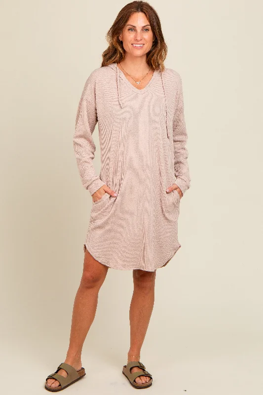 Beige Ribbed Hoodie Dress Printed unclassified dresses