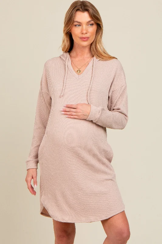 Beige Ribbed Hoodie Maternity Dress Beaded unclassified dresses