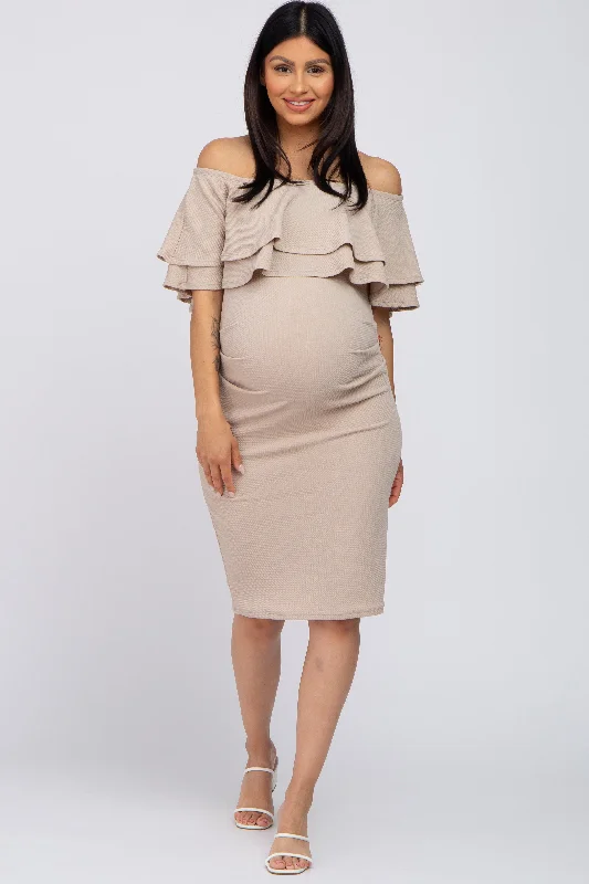 Beige Ruffle Off Shoulder Ruched Maternity Dress Backless unclassified dresses