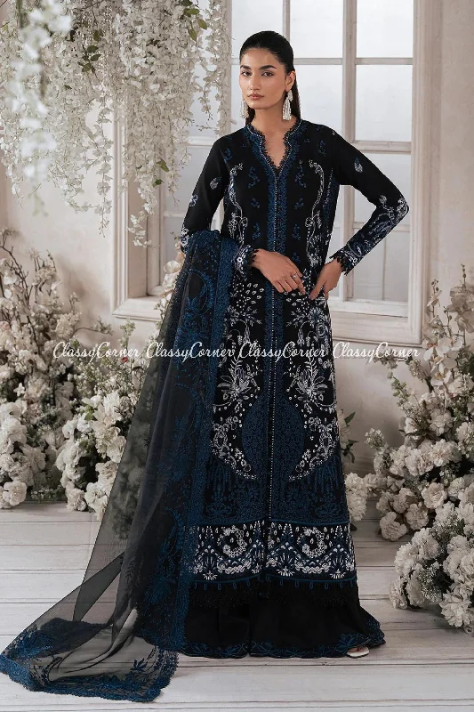 Black Blue Lawn Embroidered Formal Wear Sharara Street style unclassified dresses