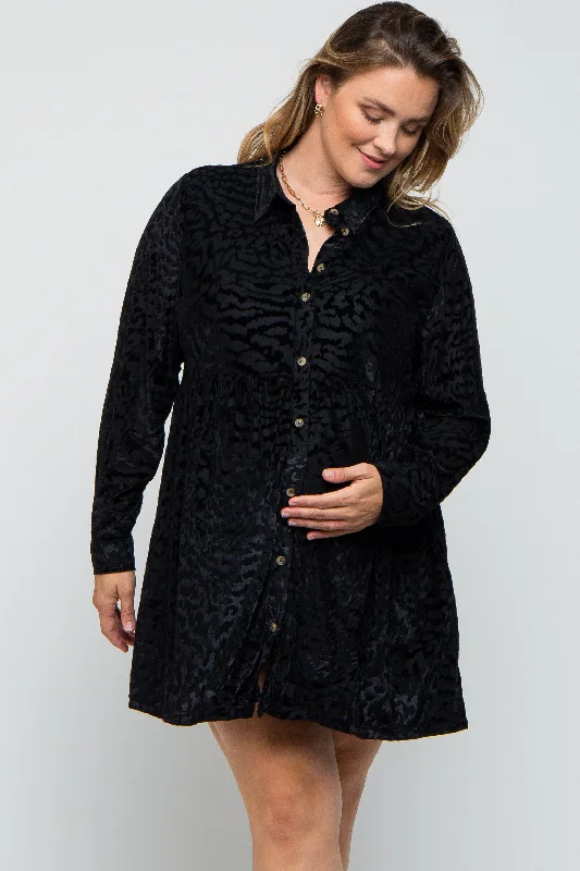 Black Burnout Velvet Maternity Plus Button Up Dress High-low unclassified dresses