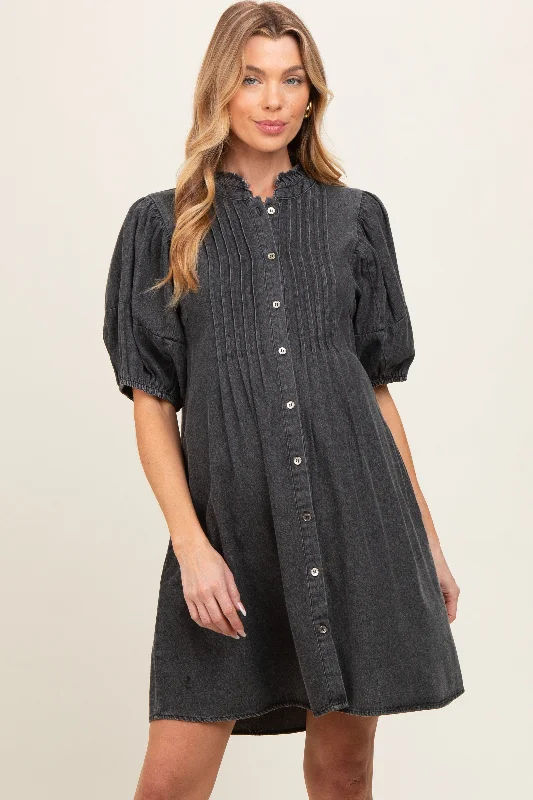 Black Button Down Puff Sleeve Maternity Dress Silk unclassified dresses