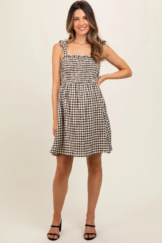 Black Gingham Shoulder Tie Maternity Dress Everyday wear unclassified dresses