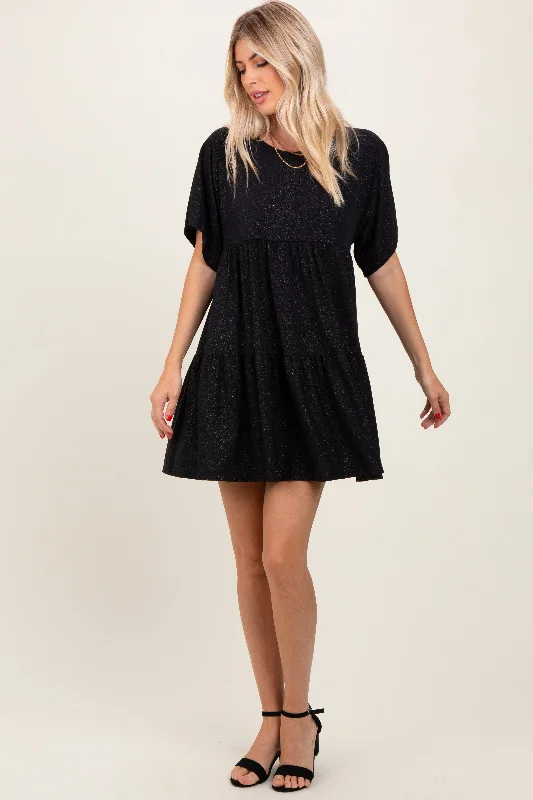 Black Glitter Flutter Sleeve Tiered Dress Stylish unclassified dresses