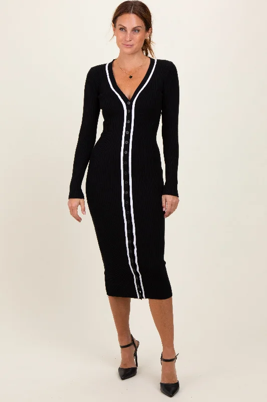 Black Knit Contrast Stripe Button Down Dress Spring unclassified dresses