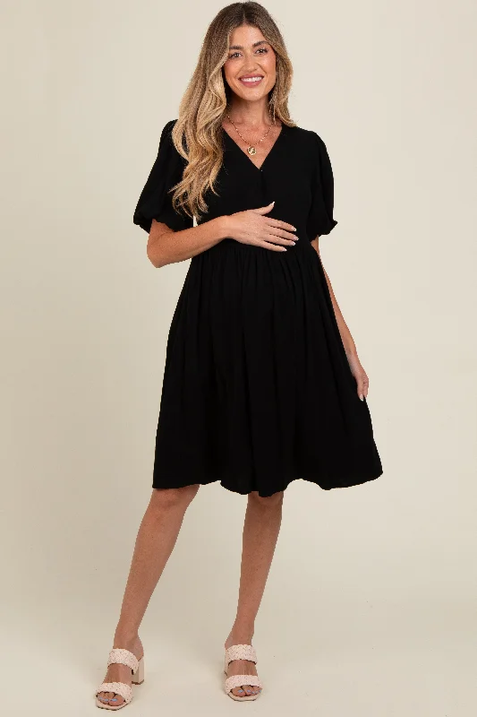 Black Linen Puff Sleeve Maternity Dress Metallic unclassified dresses