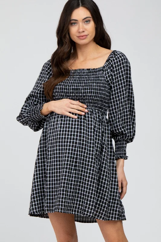 Black Plaid Smocked Maternity Dress Bodycon unclassified dresses