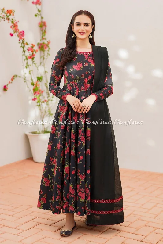 Black Red 3pc Lawn Frock Dress Elegant unclassified dresses