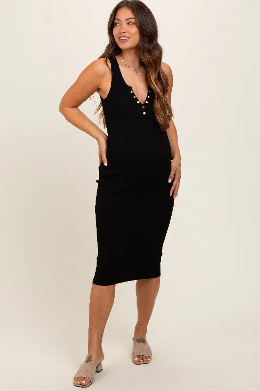 Black Ribbed Fitted Sleeveless Snap Button Maternity Dress Festival unclassified dresses