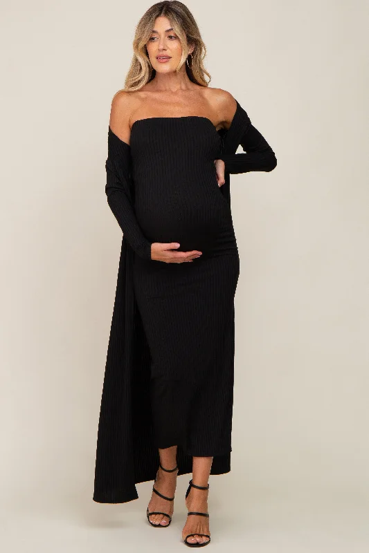 Black Ribbed Sleeveless Dress Cardigan Maternity Set Gothic unclassified dresses