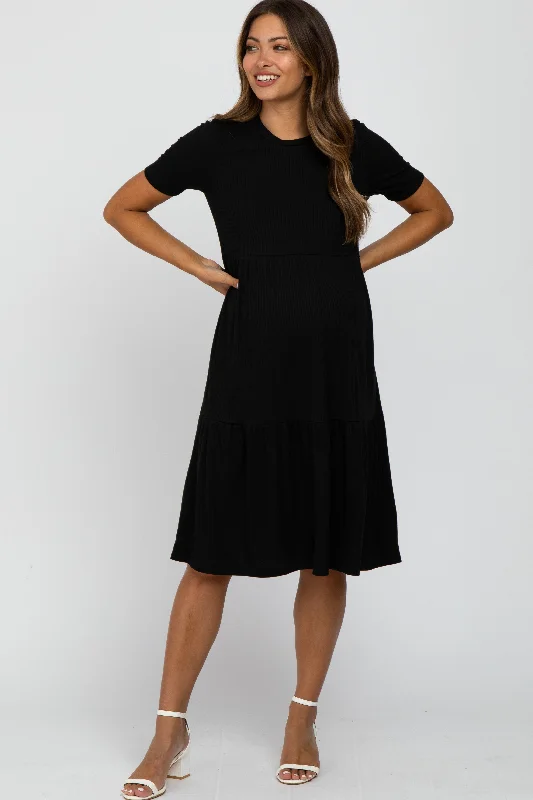 Black Ribbed Tiered Maternity Dress Winter unclassified dresses