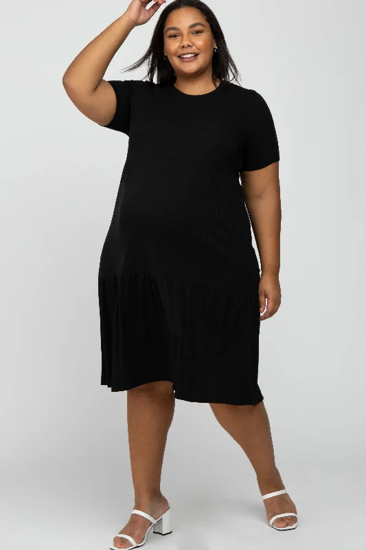 Black Ribbed Tiered Maternity Plus Dress Stylish unclassified dresses