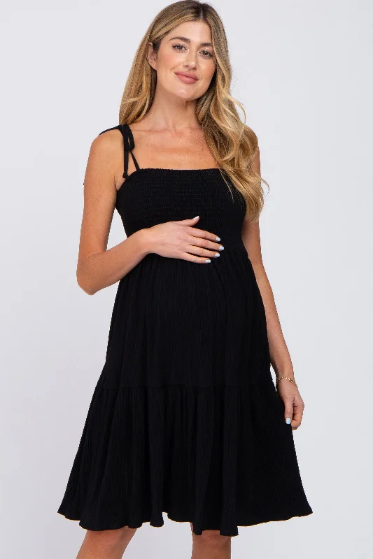 Black Smocked Shoulder Tie Maternity Dress Beach unclassified dresses