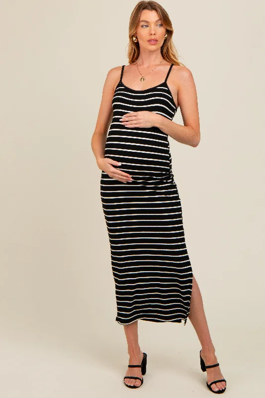 Black Striped Ribbed Adjustable Strap Body Con Maternity Dress Lounge unclassified dresses