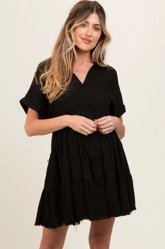 Black Tiered Linen Maternity Dress Bright color unclassified dresses