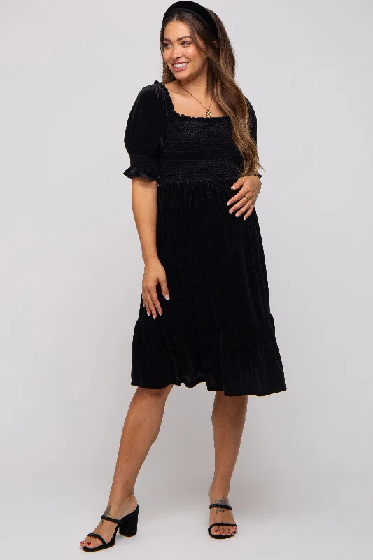 Black Velvet Smocked Puff Sleeve Maternity Dress Bright color unclassified dresses