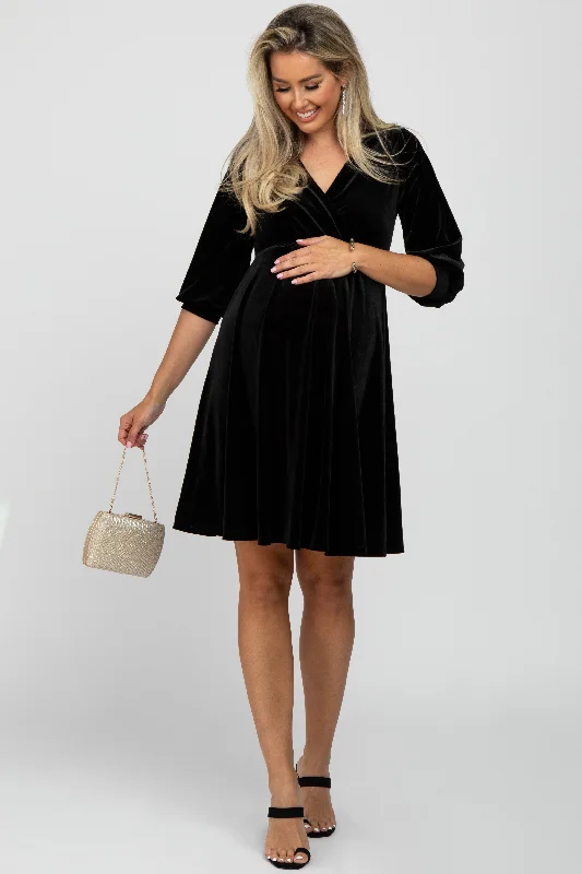 Black Velvet Wrap Front Babydoll Maternity Dress Y2K unclassified dresses