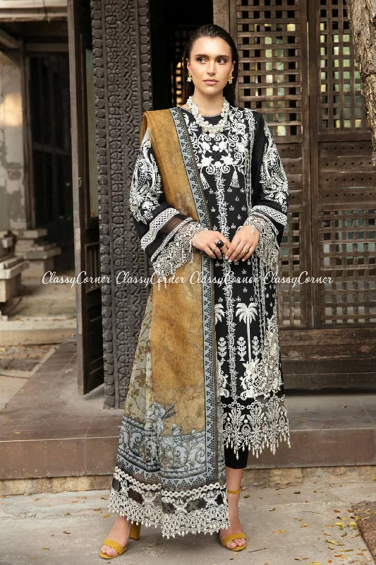 Black Yellow Lawn Embroidered 3pc Suit Casual unclassified dresses