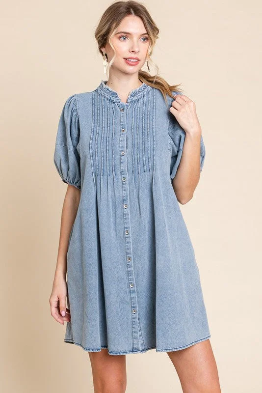 Blue Button Down Puff Sleeve Dress Formal unclassified dresses