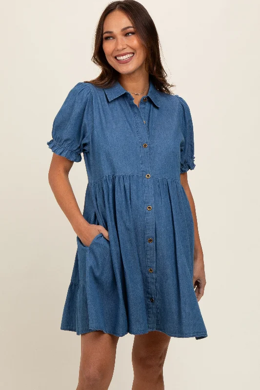 Blue Chambray Puff Sleeve Button Down Maternity Dress Tulle unclassified dresses