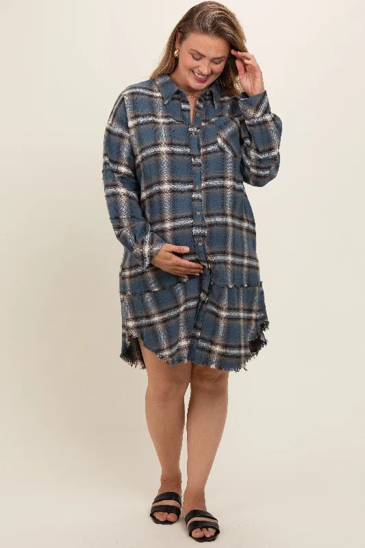 Blue Plaid Button Down Raw Hem Plus Maternity Dress Club unclassified dresses