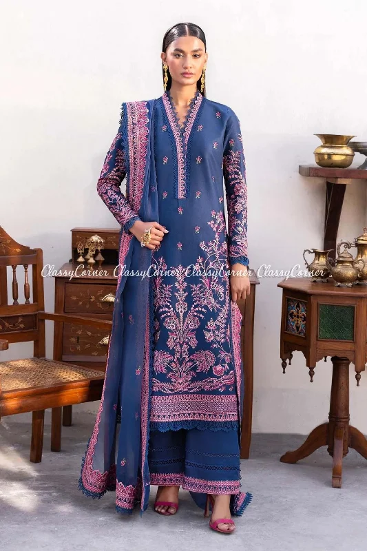 Blue Purple Lawn Embroidered Salwar Kameez Long sleeve unclassified dresses