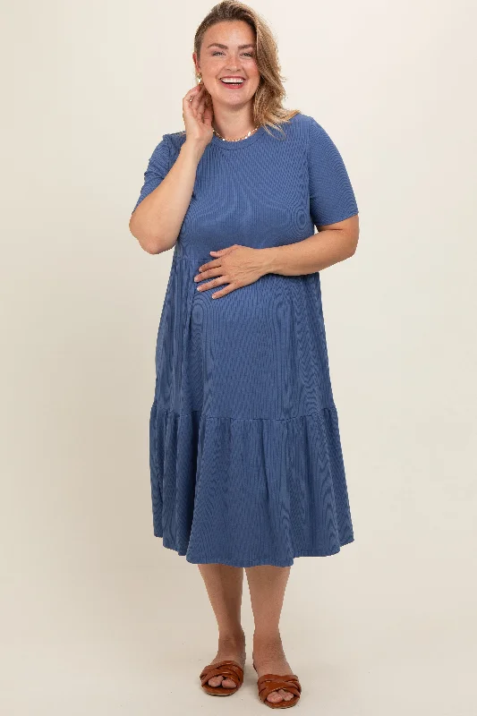 Blue Ribbed Tiered Maternity Plus Dress Trendy unclassified dresses