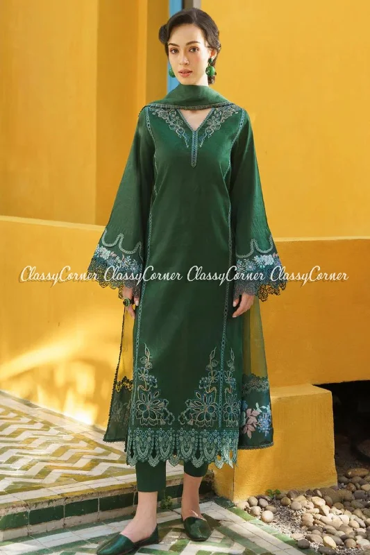 Bottle Green Lawn Readymade Suit Color block unclassified dresses