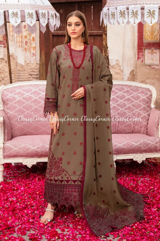 Brown Red Embroidered Lawn Salwar Kameez Satin unclassified dresses