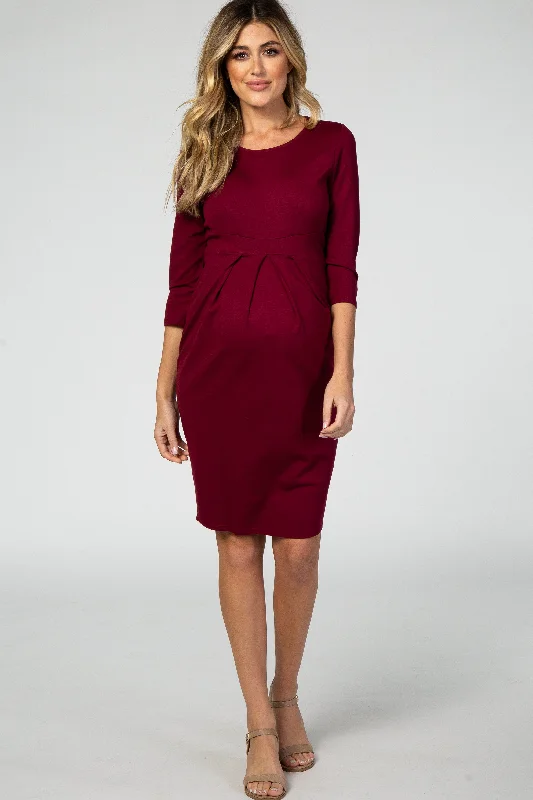 Burgundy 3/4 Sleeves Front Pleated Maternity Dress Velvet unclassified dresses