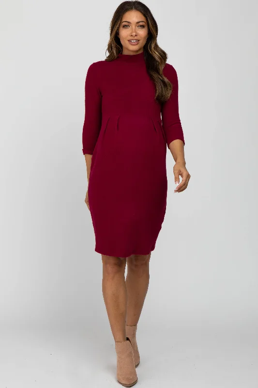 Burgundy Brushed Mock Neck Fitted Maternity Dress Date night unclassified dresses