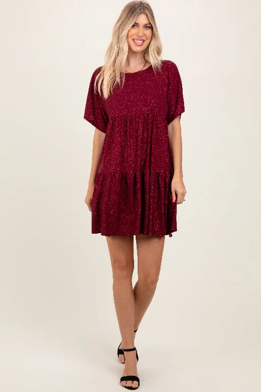 Burgundy Glitter Flutter Sleeve Tiered Dress Club unclassified dresses