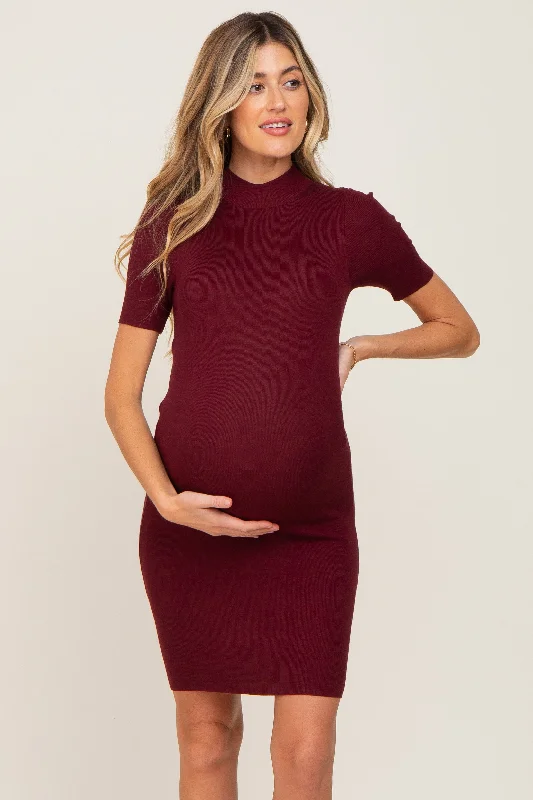 Burgundy Ribbed Mock Neck Maternity Dress Mesh unclassified dresses