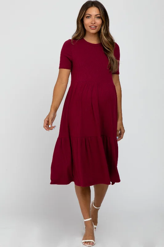 Burgundy Ribbed Tiered Maternity Dress Petite unclassified dresses