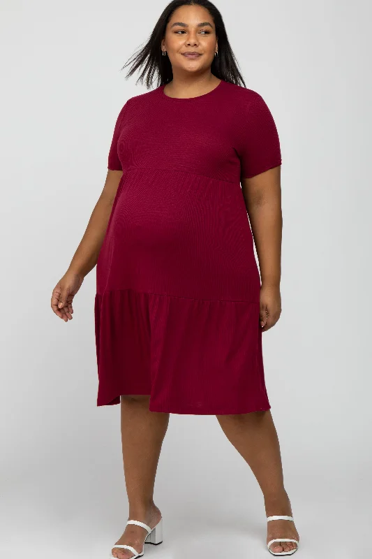 Burgundy Ribbed Tiered Maternity Plus Dress Designer unclassified dresses