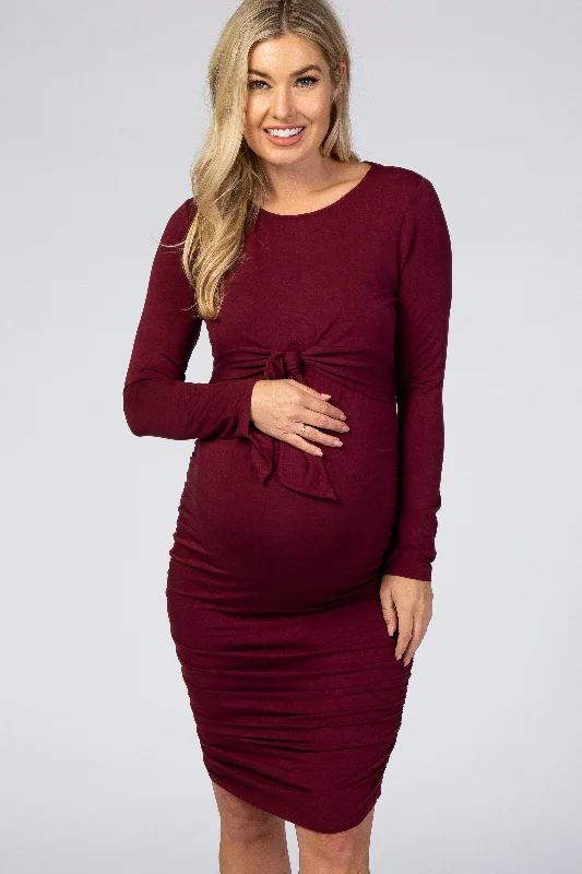 Burgundy Ruched Fitted Front Bow Maternity/Nursing Dress Lightweight unclassified dresses